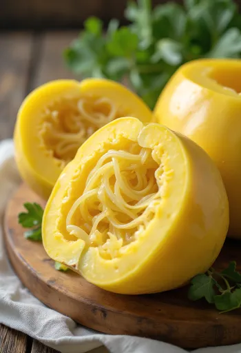 Pārgriezts spagetī ķirbis, redzama iekšpuse un spageti līdzīgās stīgas