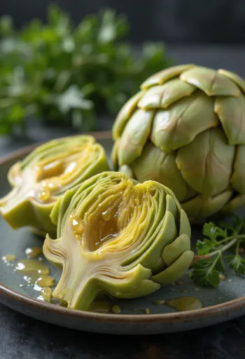 Artišoku sirdis, rūpīgi notīrītas, uz zemnieku stila koka fona