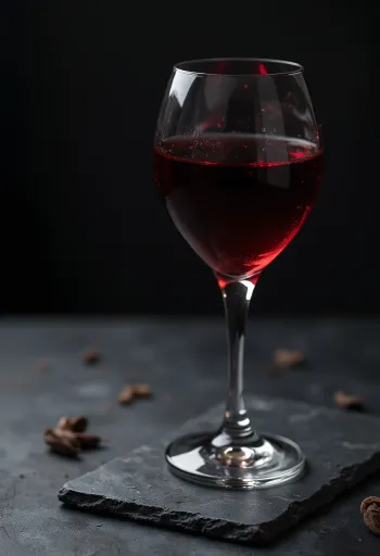 Vīns stikla glāzē, apkārt vīnogu ķekari, vīnogu misa un koka muca