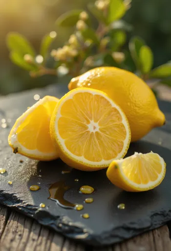 Svaigi citroni veseli un pārgriezti bļodā un uz koka galda, glāze citronūdens