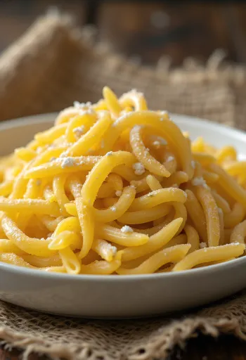 Durum pasta rustikālā keramikas bļodā, izkārtota uz koka virsmas