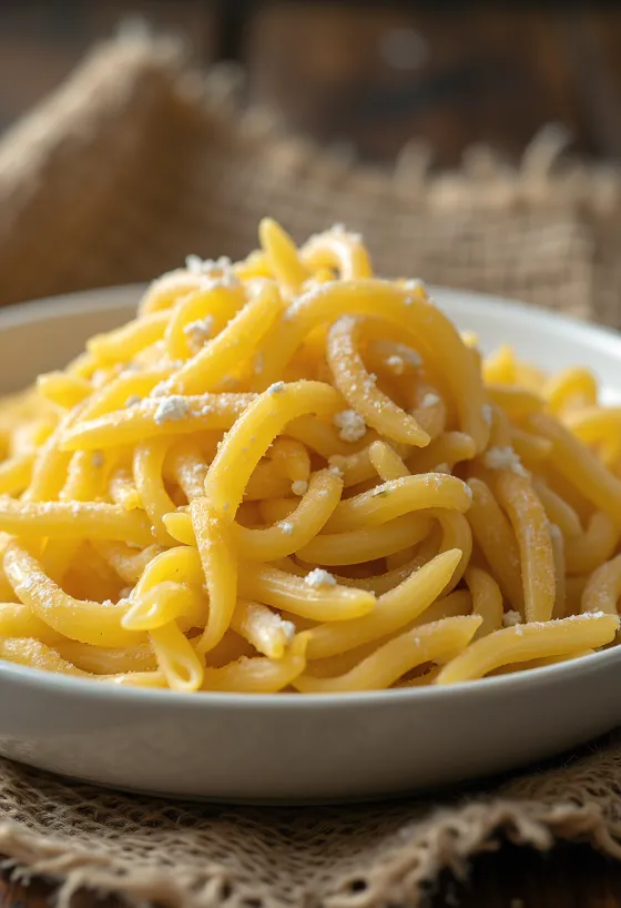 Durum pasta rustikālā keramikas bļodā, izkārtota uz koka virsmas