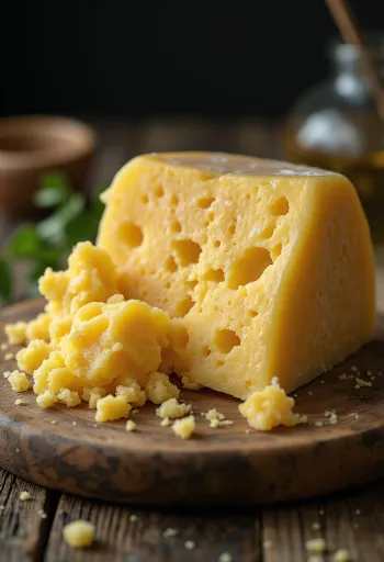 Svaigs Grana Padano siers baltā keramikas traukā uz koka galda