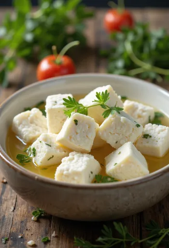 Svaigs aitas piena Feta siers baltā keramikas traukā, uz rustikāla koka galda
