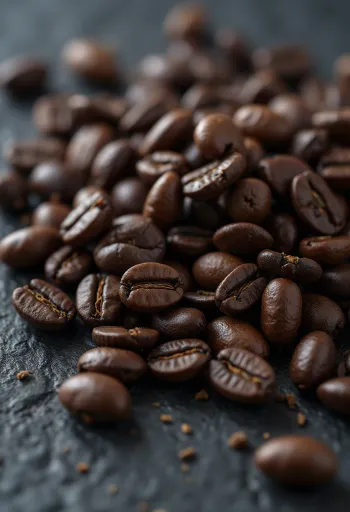 Grauzdētas kafijas pupiņas izbērtas uz rustikālas koka virsmas