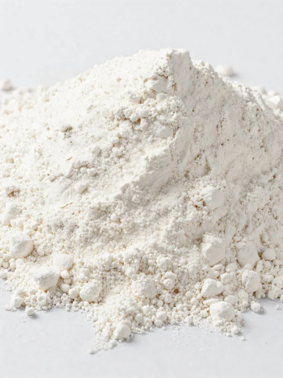 Kokosriekstu milti keramikas bļodā, gaišs, smalkas tekstūras pulveris uz koka virsmas