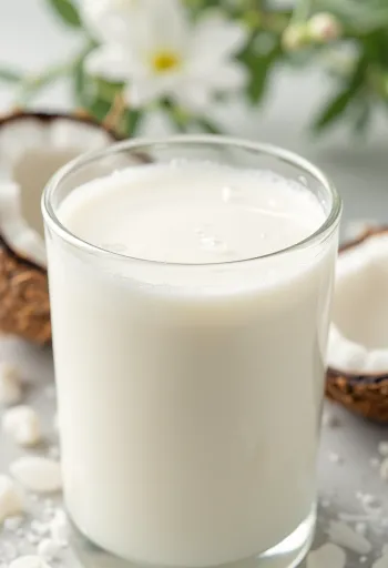 Kokosriekstu piens tiek liets no pudeles caurspīdīgā bļodā, blakus puse kokosrieksta