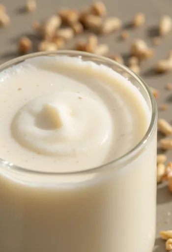 Linsēklu piens ieliets glāzē, blakus zelta un brūnās linsēklas bļodiņā