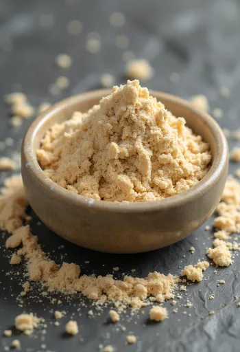 Baobaba pulveris mazā burciņā, zemes brūnā krāsā, apkārt svaigi baobaba augļi