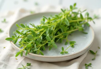 Svaigas citrontimiāna lapiņas uz tīra šķīvja