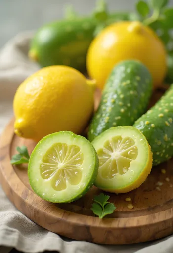 Citrongurķa šķēlītes uz virtuves dēlīša, starp svaigiem dārzeņiem