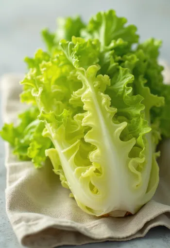Svaigi frisée salāti (cigoriņi) ar cirtainām, zaļām lapām uz virtuves dēlīša
