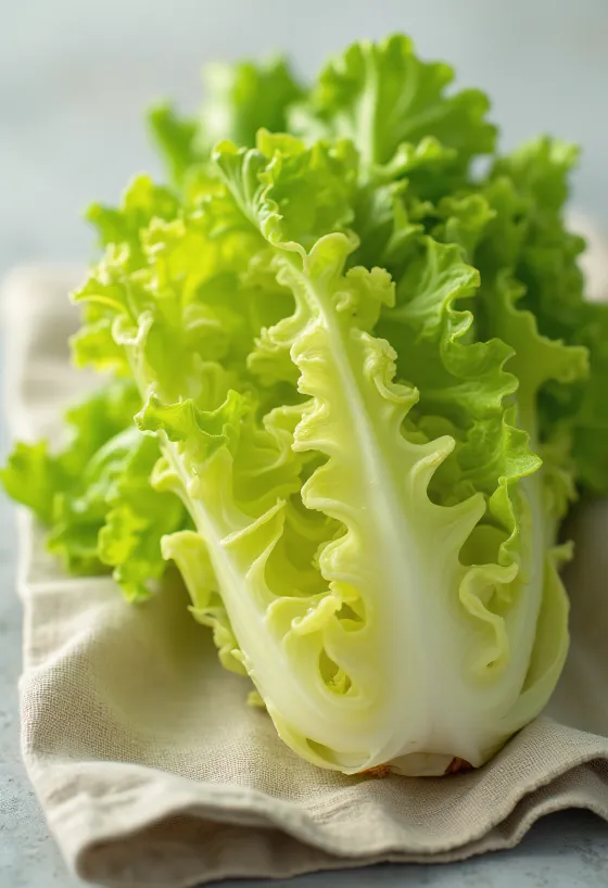 Svaigi frisée salāti (cigoriņi) ar cirtainām, zaļām lapām uz virtuves dēlīša