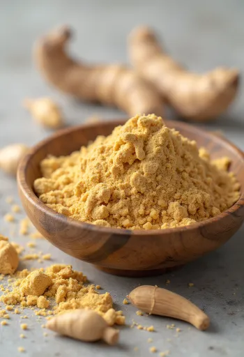 Makas pulveris mazā stikla traukā, zemes brūnā krāsā, apkārt svaigas makas saknes