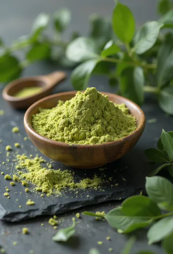 Moringa pulveris nelielā burciņā, bagātīgā zaļā krāsā, apkārt svaigas moringas lapas