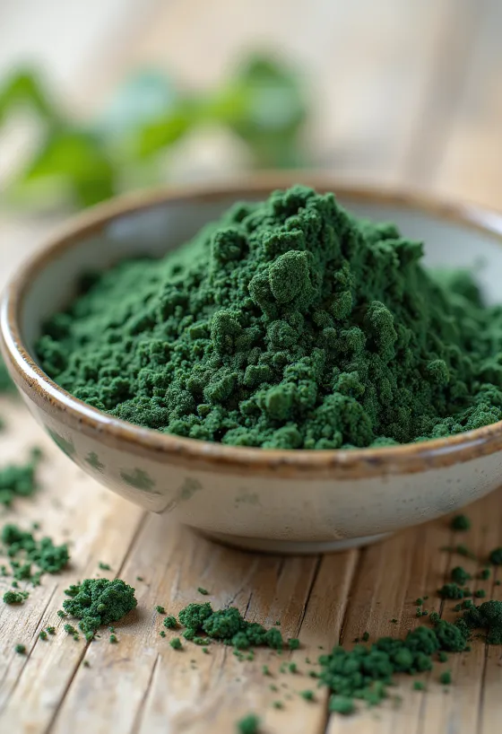 Spirulīnas pulveris mazā stikla traukā, bagātīgā zaļā krāsā, apkārt spirulīnas tabletes