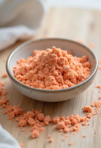 Acerolas pulveris mazā burciņā, bagātīgā sarkanā krāsā, apkārt veseli acerolas ķirši