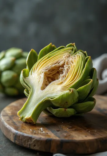 Svaigs artišoks, gatavošanai nepieciešamā iekšējā sirds un lapas detaļās