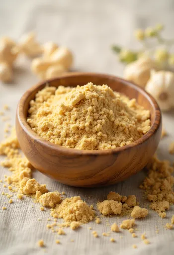 Ašvagandas pulveris mazā burciņā, zemes brūnā krāsā, apkārt svaigas ašvagandas saknes