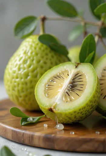 Feijoja auglis, zaļa miza un sulīgs vidus
