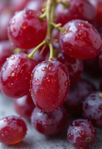 Bezkauliņu sarkano vīnogu tuvplāns ar svaigām, sulīgām ogām un dziļi sarkanu miziņu