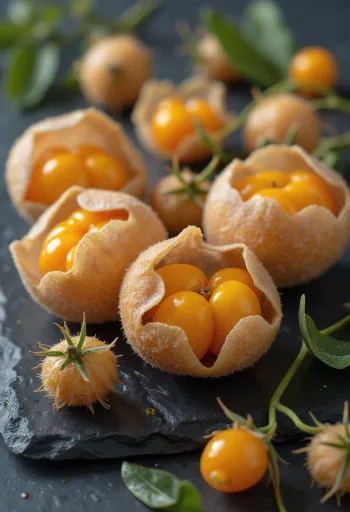 Fizāļa (Physalis) ogas, koši oranža krāsa un papīra apvalks