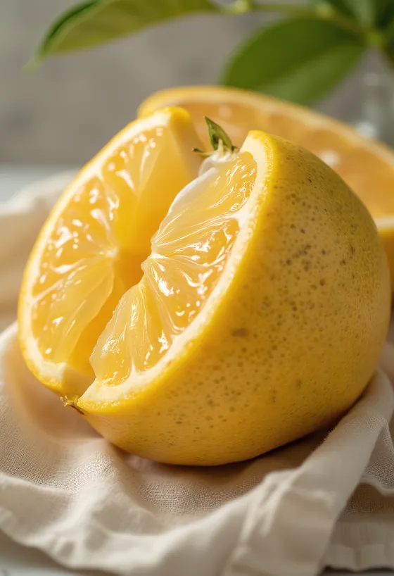 Pomelo šķēle, koši dzeltens un rozīgs mīkstums, svaiga tekstūra