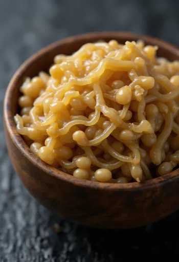Natto fermentētas sojas pupiņas bļodiņā ar lipīgu tekstūru, koka karote