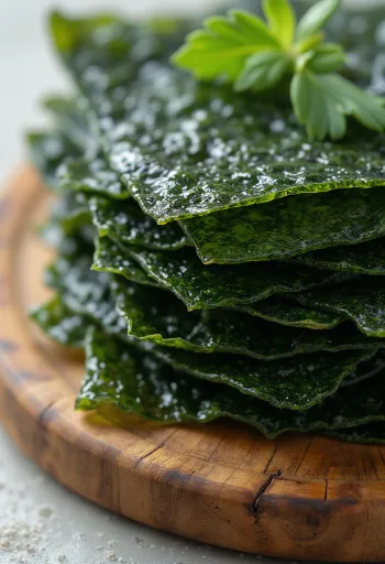 Kaltētas nori aļģu lapas uz koka virsmas, smalcinātas nori bļodā