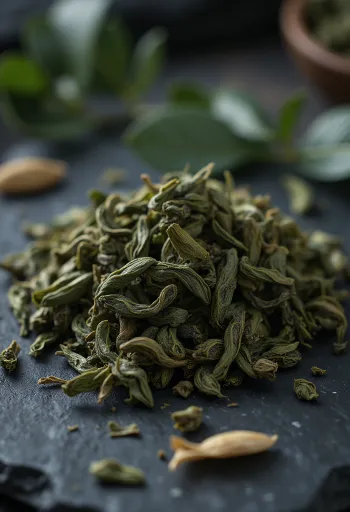 Oolong tēja beramā veidā, bļodiņā un izkaisīta uz virtuves virsmas