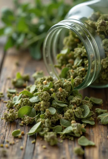 Kaltētas oregano lapas un malta oregano garšviela uz koka virsmas