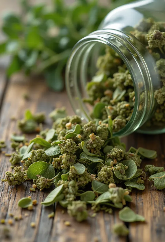 Kaltētas oregano lapas un malta oregano garšviela uz koka virsmas