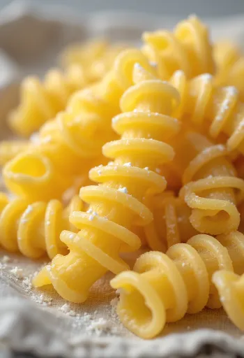 Sausie fusilli (spirālveida makaroni) uz koka virsmas, izkaisīti spirāles formā