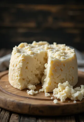 Svaigs Pecorino aitu piena siers baltā keramikas bļodā uz koka galda