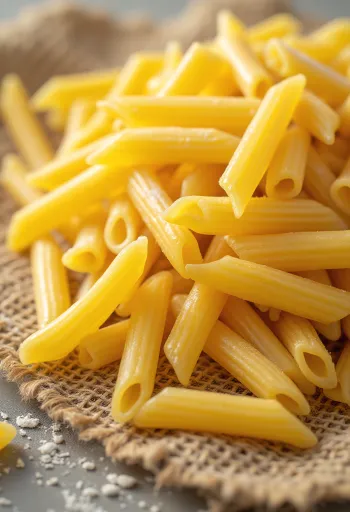 Sausa penne pasta ar rievotu virsmu uz koka fona