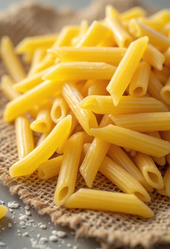 Sausa penne pasta ar rievotu virsmu uz koka fona