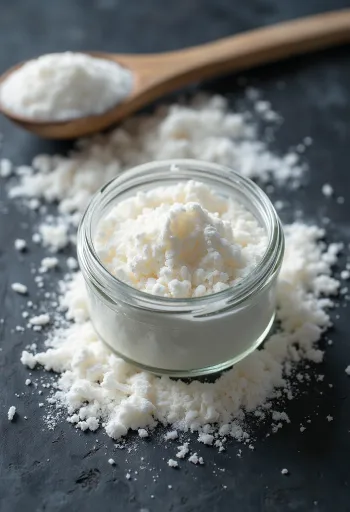 Rīsu piena pulveris bļodā un izkaisīts virtuves vidē