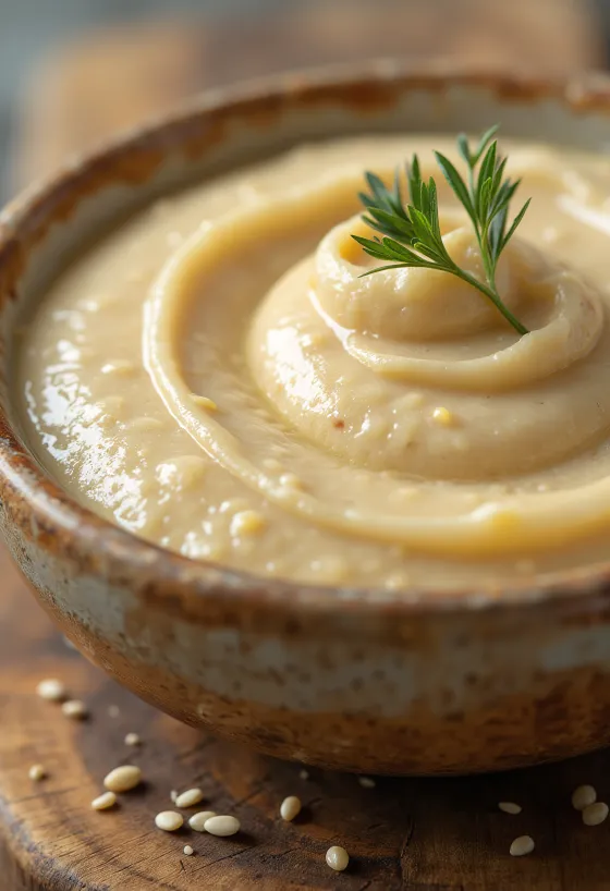 Krēmīga tahini pasta bļodā, blakus sezama sēklas