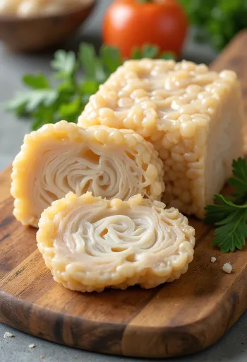 Sagriezti tempes gabaliņi uz koka virsmas, grilēta tempe uz šķīvja