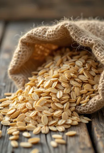 Attīrīti auzu graudi nelielā maisiņā un izkaisīti uz koka virsmas