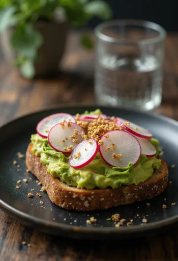 Smørrebrød ar avokado un redīsiem, pasniegts ar svaigi grauzdētu rudzu maizi