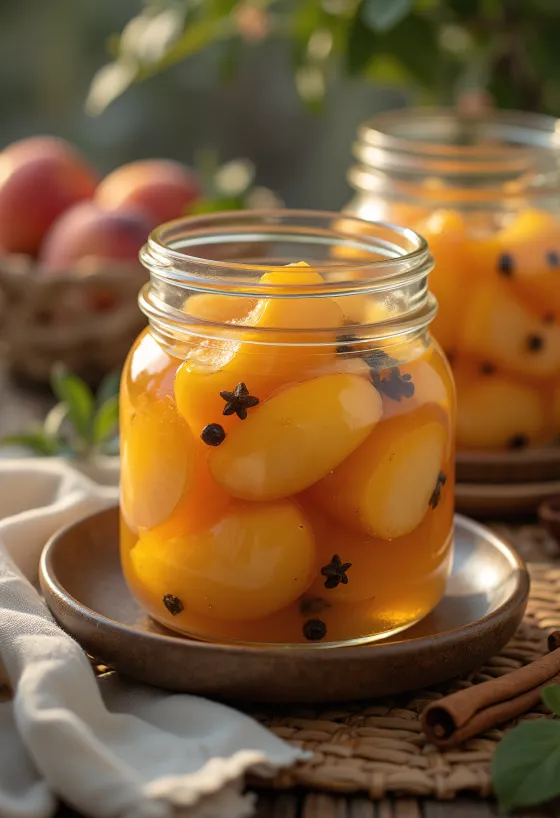 Marinēti persiki stikla burkā