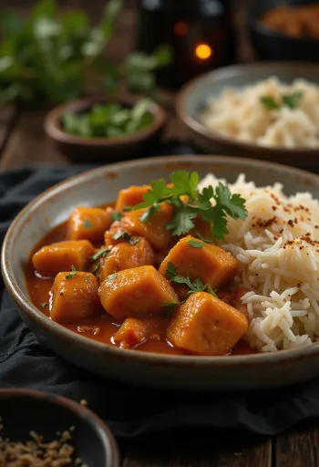 Cūkgaļas Vindaloo pasniegts ar rīsiem un svaigu koriandru