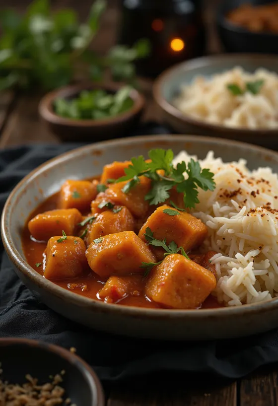 Cūkgaļas Vindaloo pasniegts ar rīsiem un svaigu koriandru
