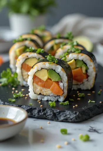 Vegānie suši ar tofu, dārzeņiem un sojas mērci