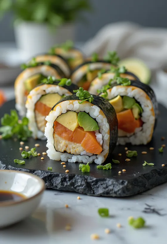 Vegānie suši ar tofu, dārzeņiem un sojas mērci