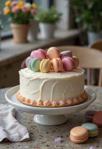 Torte ar makarūniem un krāsainu makarūnu dekoru