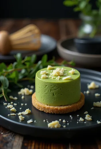 Matcha tējas torte rotāta ar baltās šokolādes skaidiņām