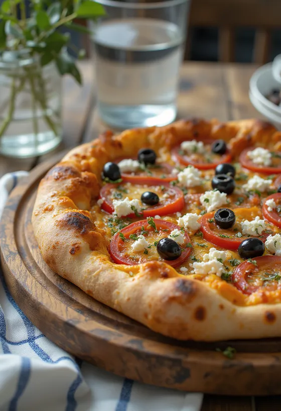 Pizza Greca ar fetas sieru, melnajām olīvām un svaigiem tomātiem
