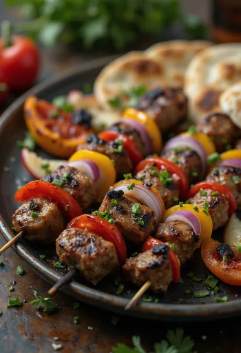 Šiš kebabs uz iesma ar grilētu gaļu un dārzeņiem